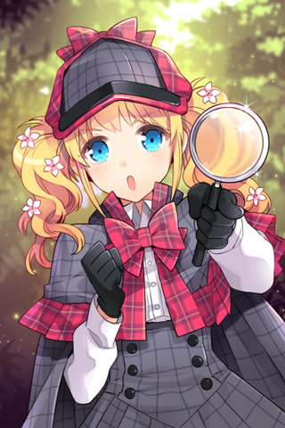 :o blonde_hair blue_eyes bow cape deerstalker detective flower gloves hair_ornament hat lowres magnifying_glass nardack solo sword_girls twintails