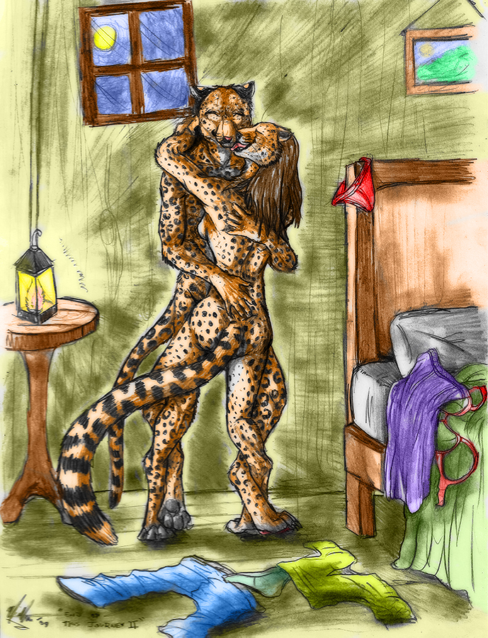 ^_^ after_sex bedroom cheetah couple cute darksilver entwined feline female hug intimate lantern leopard licking male pencils standing straight tongue