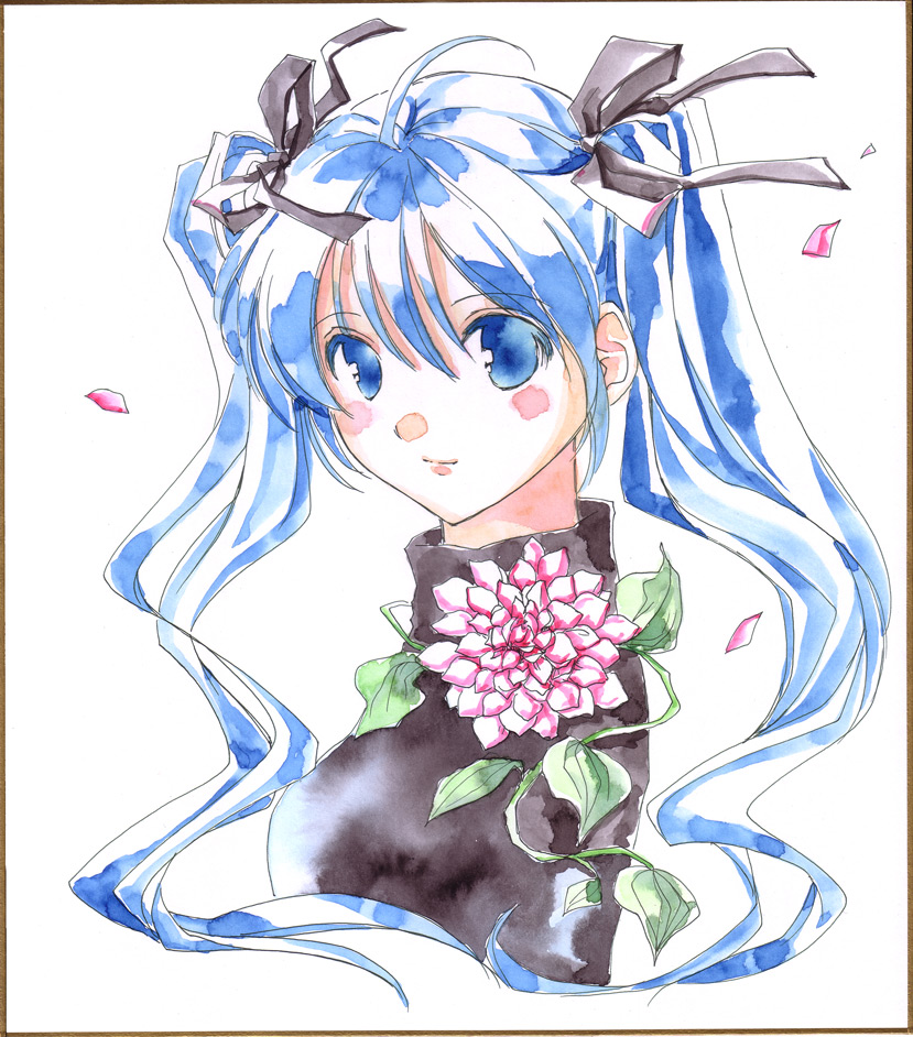 banned_artist blush flower hatsune_miku long_hair nacht shikishi solo traditional_media vocaloid watercolor_(medium)