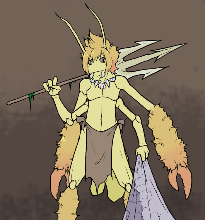 fisher insect loincloth male momorodent net polearm trident underwear warrior