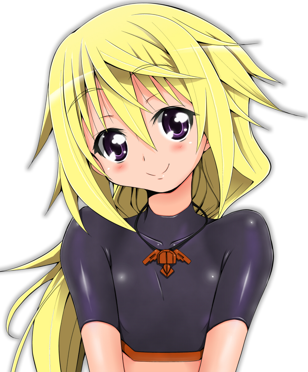 alternate_breast_size bangs blonde_hair blush charlotte_dunois collarbone crop_top crossdressing flat_chest hair_between_eyes head_tilt highres infinite_stratos jewelry light_smile long_hair low_ponytail midriff naz necklace outline pendant pilot_suit ponytail purple_eyes reverse_trap simple_background skin_tight smile solo spandex turtleneck upper_body very_long_hair white_background