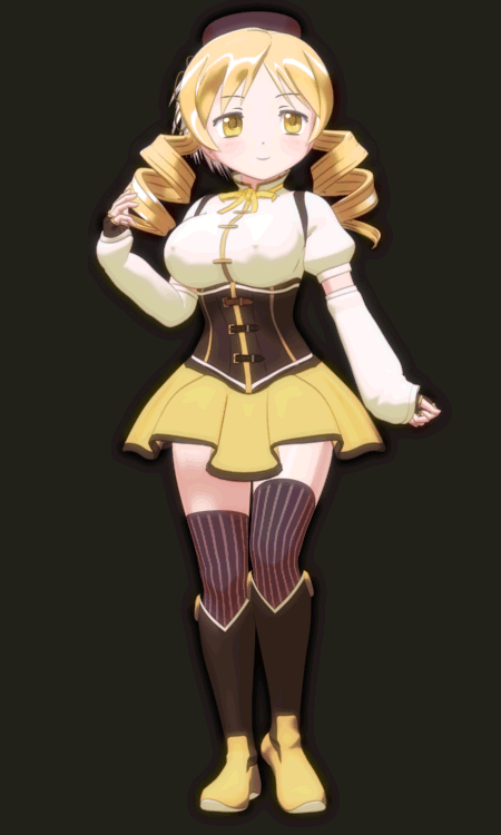 3d animated animated_gif ass blonde_hair censored fingerless_gloves gloves hat hat_feather kyubey mahou_shoujo_madoka_magica myu_ranran ringlets skirt solo thighhighs tomoe_mami yellow_eyes
