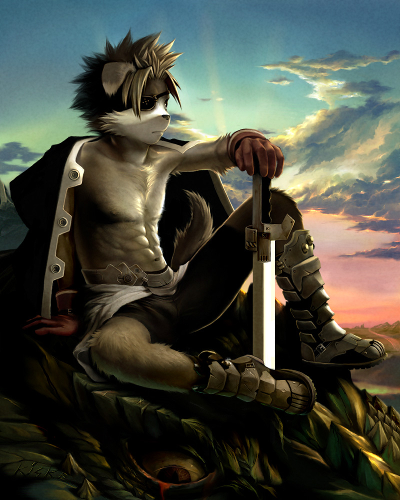 canine dog dragon eye_patch kiske_7key male scalie solo sunset sword topless unconvincing_armour weapon 七鍵きすく