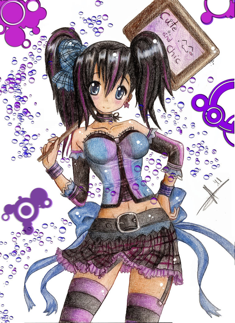 black_hair capoleco collarbone hand_on_hip highlights klara_vincent multicolored_hair navel original skirt solo thighhighs traditional_media twintails