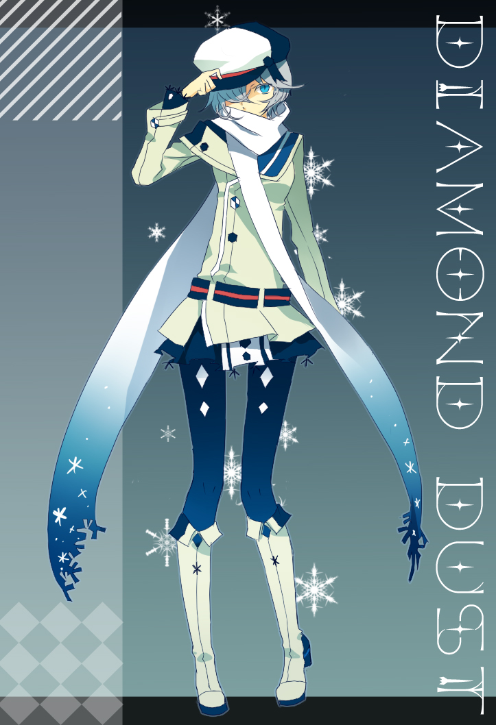blue_eyes blue_hair fashion full_body hair_over_one_eye hand_on_headwear hand_up hat one_eye_covered pantyhose personification reflec_beat scarf shionty short_hair silver_hair solo song_name standing standing_on_one_leg