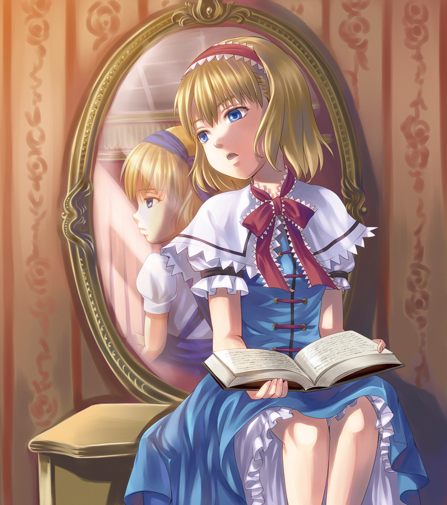 alice_margatroid alice_margatroid_(pc-98) back-to-back blonde_hair blue_eyes blue_hairband book bow capelet different_reflection dress dual_persona hair_bow hair_ornament hairband kyuu_umi mirror multiple_girls reflection short_hair sitting touhou touhou_(pc-98)