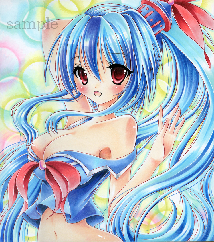 adapted_costume alternate_hairstyle bad_id bad_pixiv_id bare_shoulders blue_hair blush breasts cleavage hat kamishirasawa_keine large_breasts long_hair makiri marker_(medium) midriff multicolored_hair ponytail red_eyes sample smile solo touhou traditional_media two-tone_hair upper_body very_long_hair