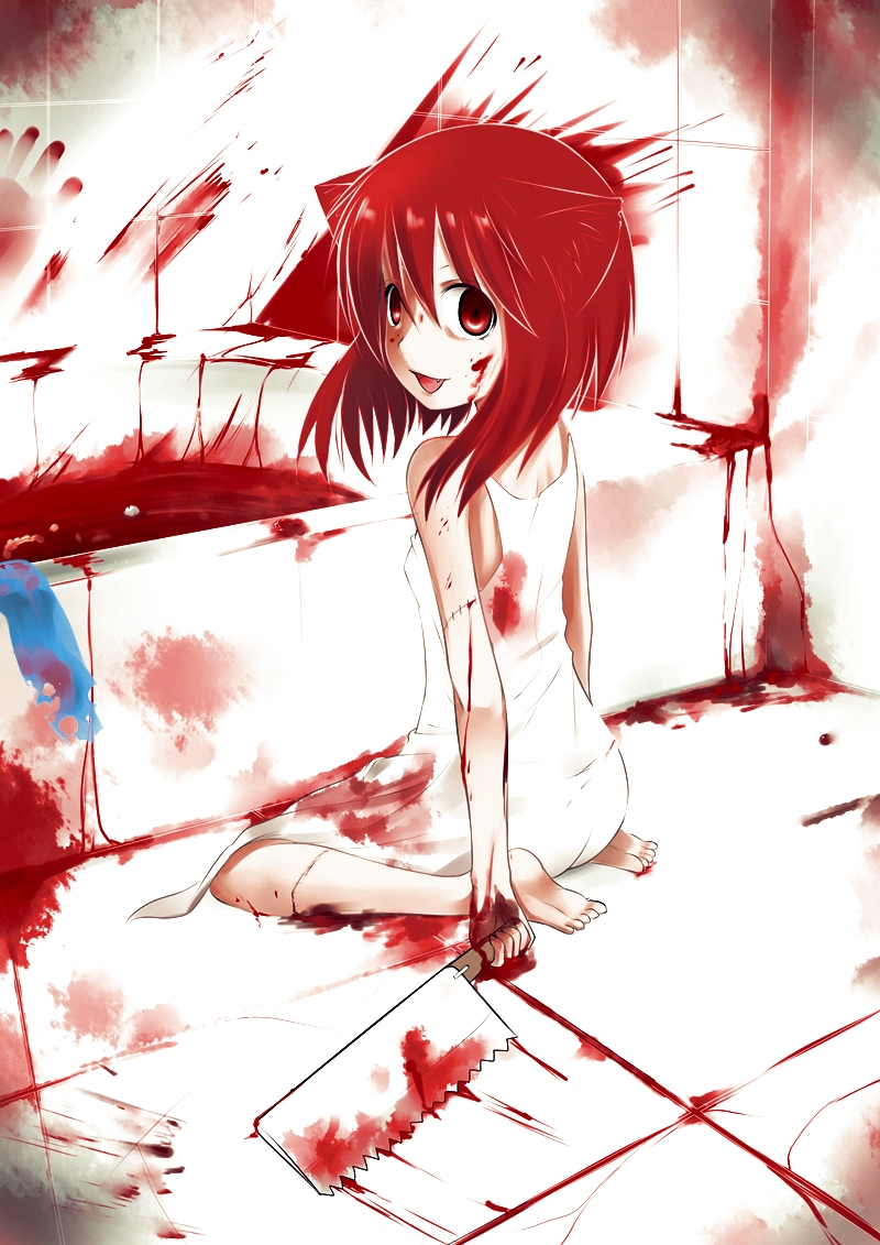 animal_ears barefoot bath bath_of_blood blood blood_on_face bloody_clothes cat_ears catstudioinc_(punepuni) dress fang feet knife original puni_(miku_plus) red_eyes red_hair sitting smile solo stitches white_dress yandere
