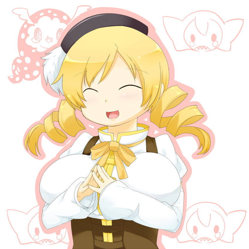 bad_id bad_pixiv_id blonde_hair bow breasts charlotte_(madoka_magica) closed_eyes drill_hair eiri_(eirri) happy hat large_breasts mahou_shoujo_madoka_magica open_mouth ribbon simple_background solo tomoe_mami twin_drills twintails upper_body