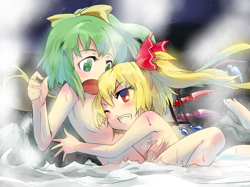 :o barefoot bath blonde_hair censored convenient_censoring daiyousei fang flandre_scarlet glomp green_eyes green_hair grin hug multiple_girls nude one_eye_closed onsen partially_submerged side_ponytail sinzan smile surprised surprised_arms touhou wings