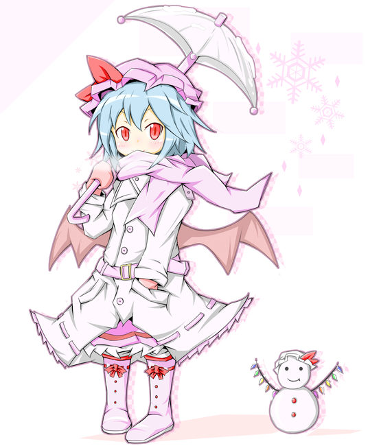 blue_hair boots coat flandre_scarlet hat karamoneeze pigeon-toed red_eyes remilia_scarlet scarf snowman solo touhou umbrella wings