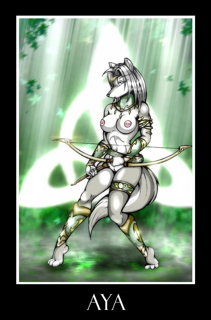 arturo_juarez bow_(weapon) breasts canine female grey_hair hair mammal nipples ranged_weapon solo tiara unconvincing_armor unconvincing_armour weapon wolf