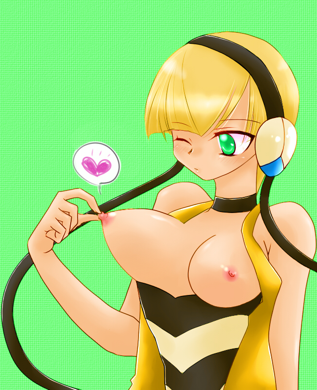 big_breasts blush breasts gym_leader heart kamitsure_(pokemon) large_breasts nipple_pull nipples pokemon wink