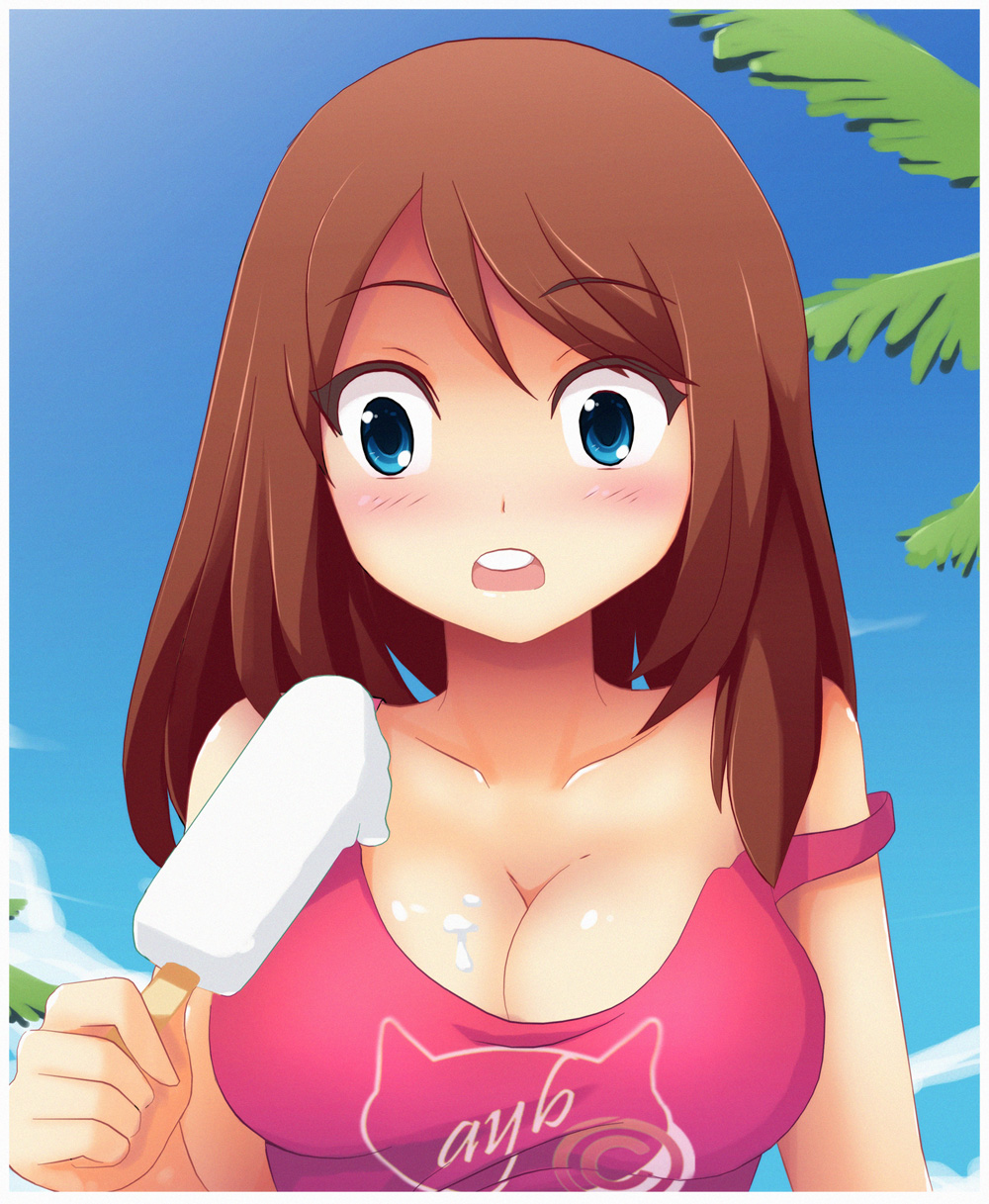 bare_shoulders blue_eyes blush breasts brown_hair cleavage d: food haruka_(pokemon) highres large_breasts luis_ayb open_mouth pokemon pokemon_(anime) popsicle sexually_suggestive sleeveless solo strap_slip tank_top teeth upper_body