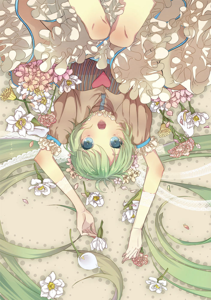 aqua_eyes bad_id bad_pixiv_id dress flower gloves green_hair hatsune_miku long_hair nicohi open_mouth petals solo twintails upside-down very_long_hair vocaloid