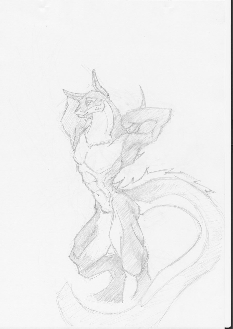 dragon grin male megan muscles nude pointy_ears presenting reptile scalie sketch solo spikes standing tail