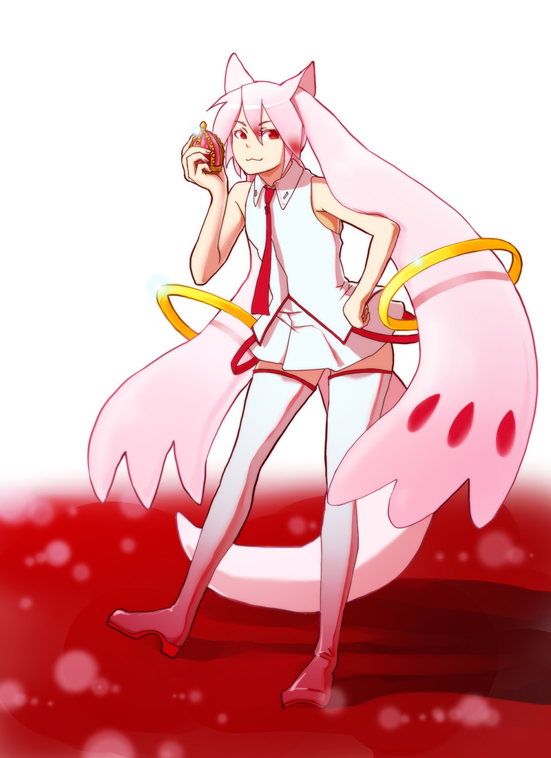 :3 animal_ears bare_shoulders female full_body gradient gradient_background hand_on_hip hips kyubey kyuubee mahou_shoujo_madoka_magica necktie personification pink_hair red_eyes solo soul_gem tail thighhighs white_background zettai_ryouiki