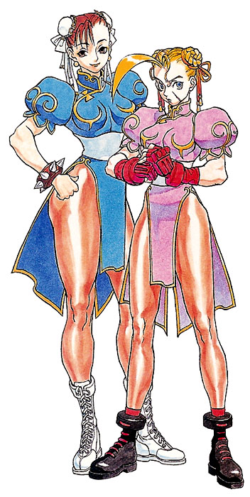 2girls ahoge blonde_hair boots brown_hair cammy_white capcom china_dress chinese_clothes chun-li chun-li_(cosplay) cosplay double_bun double_buns dress gauntlets gloves multiple_boys multiple_girls nishimura_kinu pantyhose qipao street_fighter