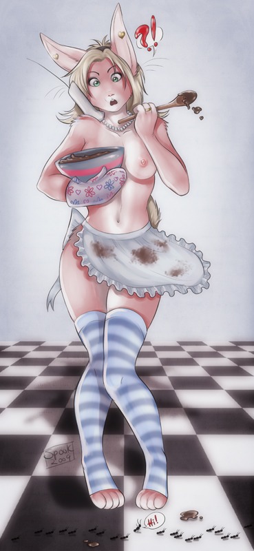 &hearts; ants apron baking bowl breasts cooking female kitchen lagomorph lapine mittens necklace nipples piercing rabbit solo spookable spoon standing stockings surprise tail telephone wife