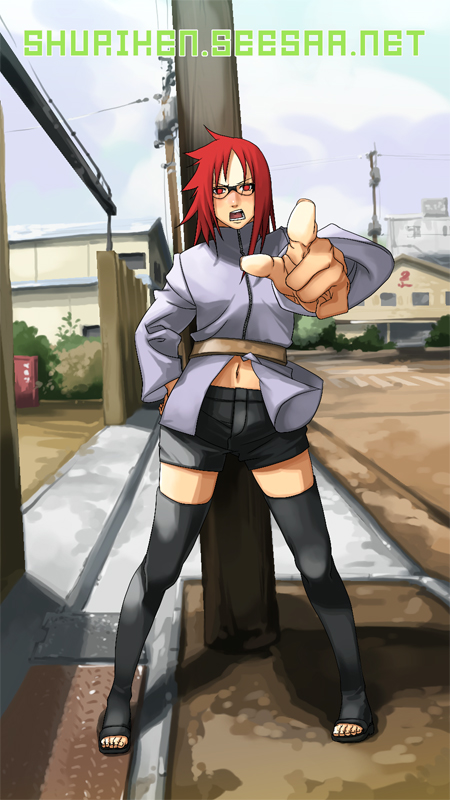 bangs black_legwear black_thighhighs blush female finger fingers full_body glasses karin_(naruto) looking_at_viewer naruto naruto_shippuuden navel open_mouth outdoors pointing red_eyes red_hair shuriken_(artist) solo standing thighhighs toes
