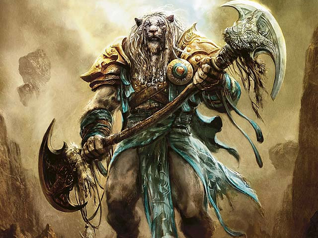 aleksi_briclot armor axe feline lion loincloth magic_the_gathering male mammal planeswalker solo tiger tribal underwear weapon wizards_of_the_coast