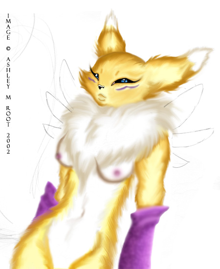 2002 ashley_m_root blue_eyes breasts canine chest_tuft digimon elbow_gloves female fox renamon solo standing unknown_artist yellow