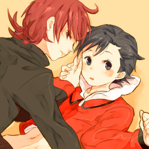 ahoge bad_id bad_pixiv_id black_eyes black_hair gold_(pokemon) hand_on_another's_cheek hand_on_another's_face lowres male_focus multiple_boys navel one_(brs) pokemon red_eyes red_hair shirt_lift silver_(pokemon) yaoi