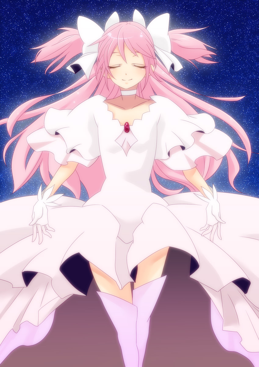 boots bow closed_eyes dress gloves glowing goddess hair_bow highres kaname_madoka kiyo3270 long_hair mahou_shoujo_madoka_magica pink_footwear pink_hair smile solo space spoilers star_(sky) thigh_boots thighhighs two_side_up ultimate_madoka white_dress white_gloves