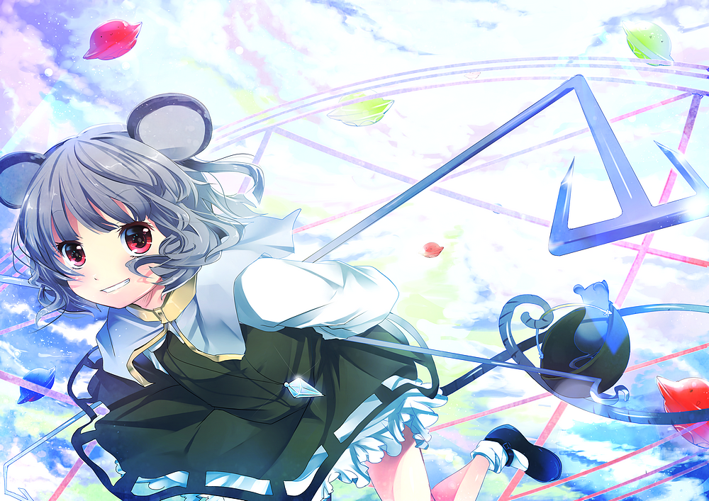 animal_ears basket dowsing_rod grey_hair grin jewelry lulu_season mouse mouse_ears mouse_tail nazrin pendant red_eyes short_hair smile solo tail touhou ufo