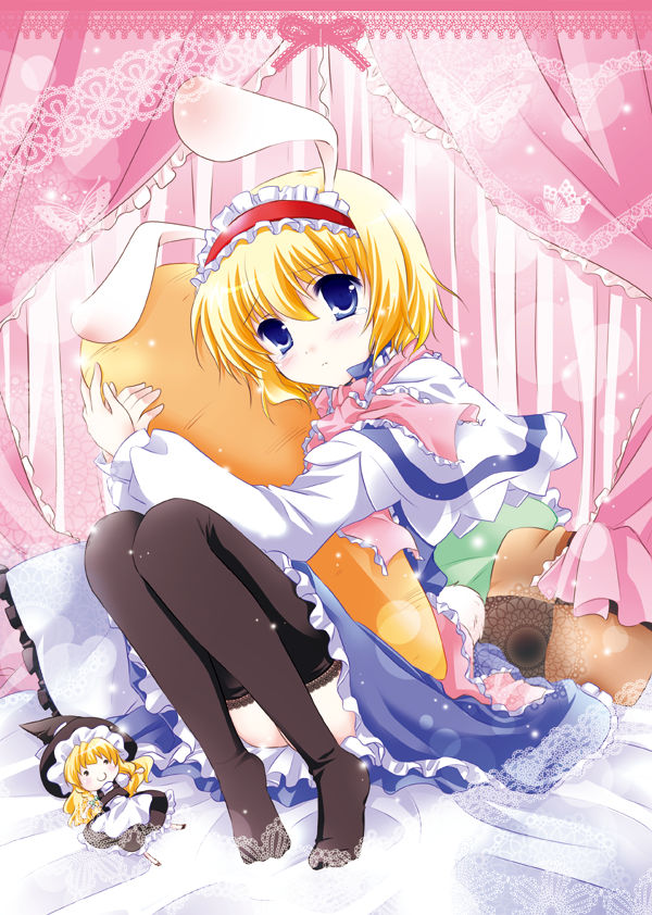 alice_margatroid animal_ears bad_id bad_pixiv_id black_legwear blonde_hair blue_eyes blush bow bunny_ears capelet carrot character_doll doll hat kirisame_marisa short_hair solo thighhighs touhou white-brown witch_hat