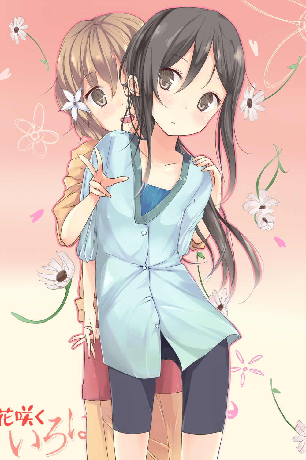 bad_hands bad_id bad_pixiv_id black_hair blonde_hair blush brown_eyes copyright_name flower haine hair_flower hair_ornament hanasaku_iroha hand_on_shoulder highres holding_hands interlocked_fingers japanese_clothes long_hair matsumae_ohana multiple_girls ponytail quality short_hair tsurugi_minko v yellow_eyes