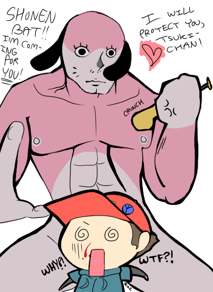 &hearts; ambiguous_gender baseball_bat bat blood canine dialog dialogue dog imminent_murder imminent_rape male mammal manly maromi muscles nosebleed paranoia_agent plain_background scared soul_devouring_eyes text uhoh unknown_artist what white_background