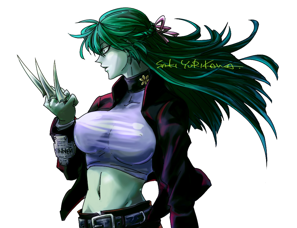 belt between_fingers breasts character_name crop_top green_hair green_skin jacket knife large_breasts long_hair midriff navel shirt simple_background solo taut_clothes taut_shirt white_background yel yurikawa_saki zombie zombie-ya_reiko