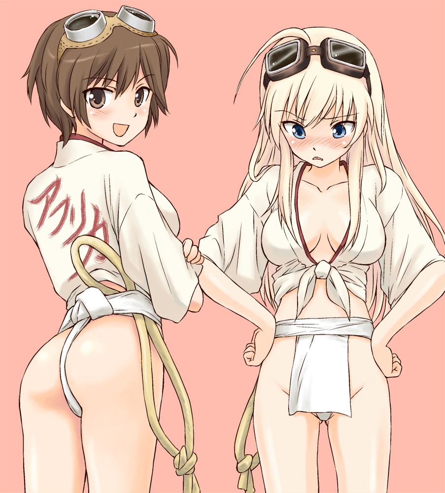 ass blonde_hair blue_eyes blush breasts brown_eyes brown_hair cleavage clothes_writing crossed_arms fundoshi goggles goggles_on_head hands_on_hips hanna-justina_marseille japanese_clothes katou_keiko large_breasts long_hair looking_back looking_down mirutsu_(milts) multiple_girls open_mouth rope short_hair smile translated world_witches_series yamakasa