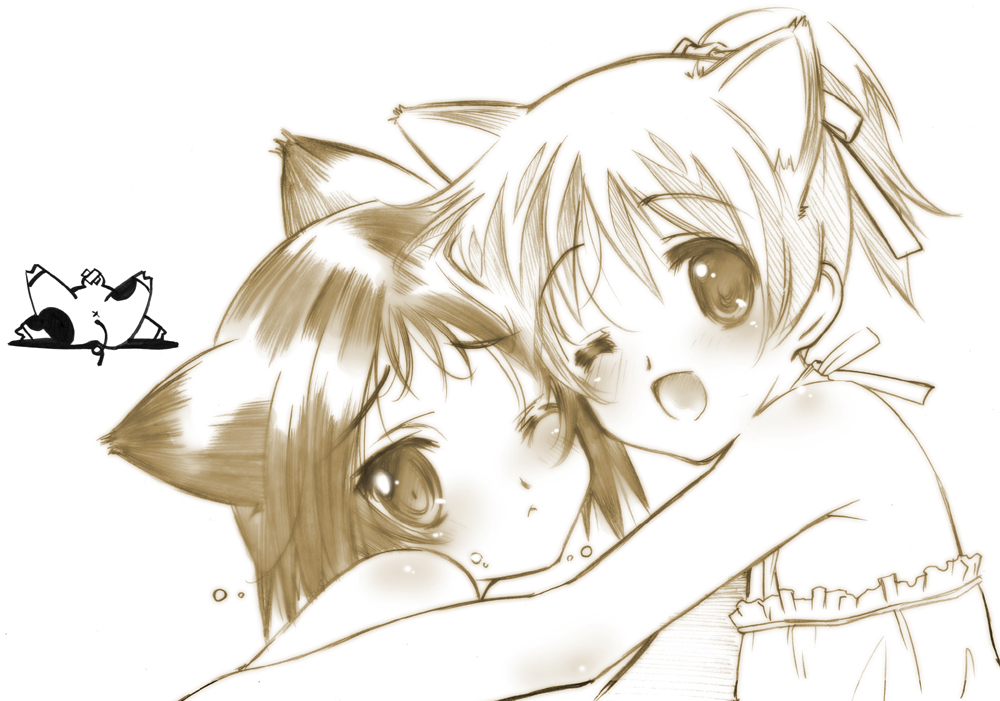 :&lt; ;&lt; animal_ears cat_ears crossover hirasawa_ui hug ikeda_kana k-on! monochrome multiple_girls one_eye_closed saki senomoto_hisashi short_hair