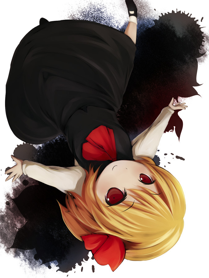 akinoemo ascot black_dress blonde_hair dress hair_ribbon red_eyes ribbon rumia short_hair smile solo touhou upside-down