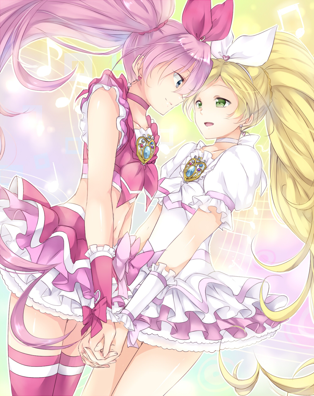 beamed_eighth_notes blonde_hair bow choker cure_melody cure_rhythm eighth_note frills green_eyes highres holding_hands houjou_hibiki long_hair magical_girl maruki_(punchiki) minamino_kanade multiple_girls musical_note pink_bow pink_choker pink_hair ponytail precure quarter_note suite_precure thighhighs white_choker
