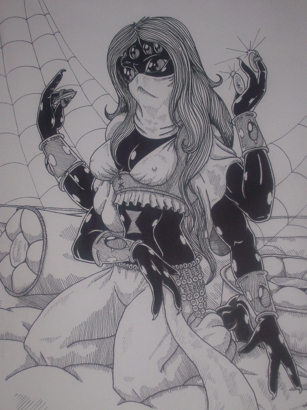 and black black_widow blackwiddow bracer breasts clothing female finger_cymbals greyscale harem monochrome multi_limb multiple_arms pants pillow purplegriffin shirt solo web whitesolo