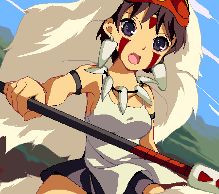 :o bare_arms breasts brown_hair cloud day dress earrings enoo hairband jewelry lowres mask medium_breasts mononoke_hime necklace oekaki open_mouth polearm san short_hair sky solo spear tattoo weapon