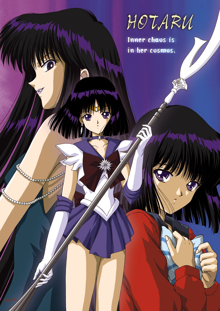 bishoujo_senshi_sailor_moon black_hair blue_background blue_bow blue_shirt bow brooch brown_bow character_name choker cowboy_shot elbow_gloves english evil_smile expressionless gloves hino_ryutaro holding holding_spear holding_weapon jewelry lipstick looking_at_viewer makeup mistress_9 multicolored multicolored_background multiple_girls multiple_persona older pleated_skirt polearm purple_background purple_eyes purple_lipstick purple_sailor_collar purple_skirt red_shirt sailor_collar sailor_saturn sailor_senshi_uniform school_uniform serafuku shirt short_hair signature silence_glaive skirt sleeveless sleeveless_shirt smile spear star star_choker striped striped_bow tiara tomoe_hotaru weapon white_gloves