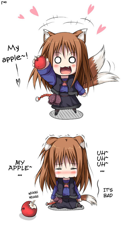 :3 animal_ears apple blush brown_hair chibi crying fang food fruit hard_translated heart holding holding_food holding_fruit holo long_hair multiple_views o_o sitting spice_and_wolf spoken_heart tail tail_wagging tears tekehiro translated wariza wolf_ears wolf_tail worms