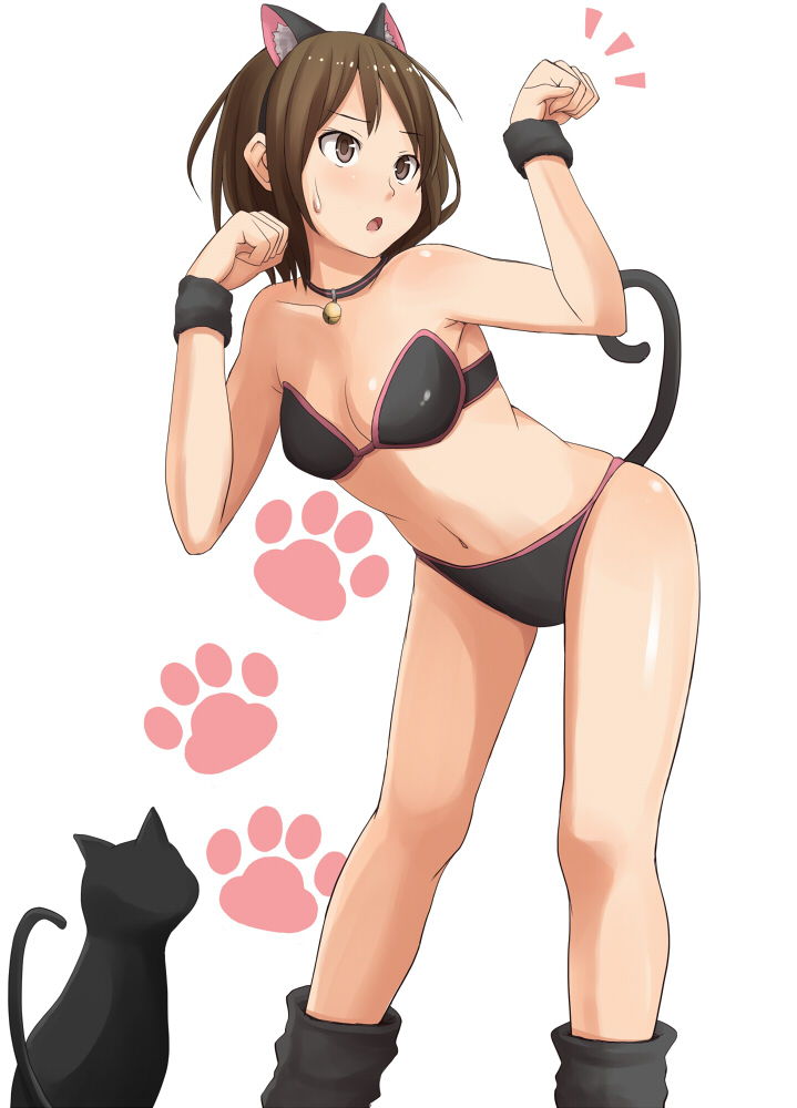 animal_ears bare_shoulders bell bell_collar bikini black_cat blush cat cat_ears cat_tail collar open_mouth original paw_pose paw_print pinkwaters simple_background solo sweat swimsuit tail