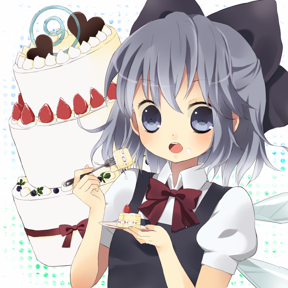 1girl bad_id bad_pixiv_id blue_eyes blue_hair bow cake cirno eating fairy food food_on_face fruit hair_bow hair_ribbon heart open_mouth purin_jiisan ribbon short_hair solo strawberry touhou wings