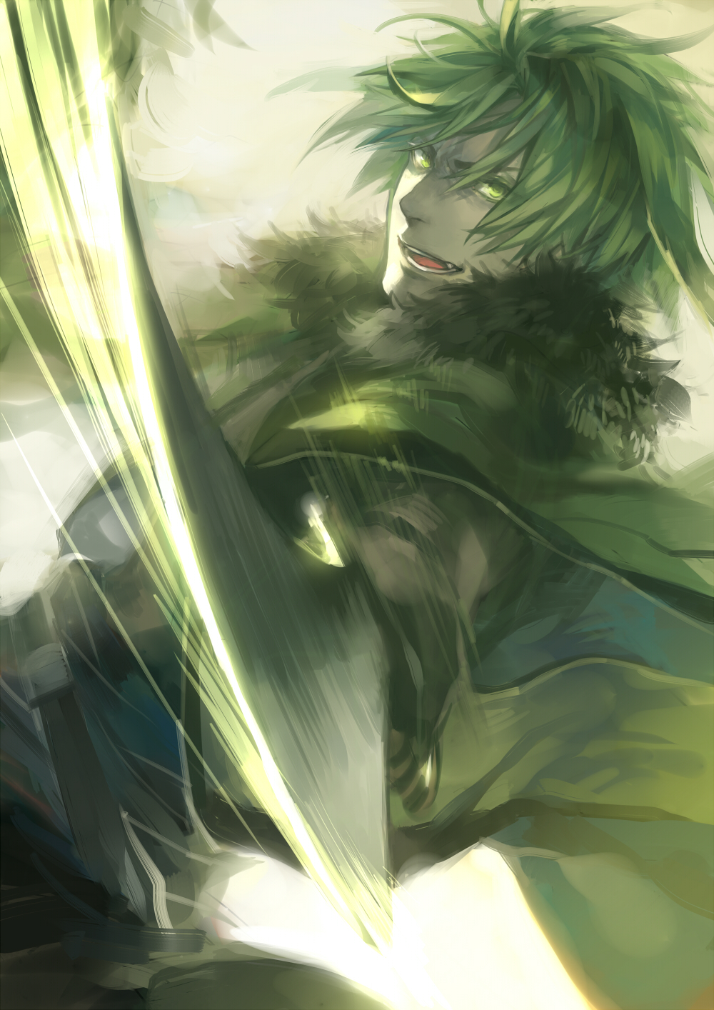 animal_ears bangs cape from_side fur_trim green_cape green_eyes green_hair highres holding holding_sword holding_weapon male_focus motion_blur outstretched_arm pixiv_fantasia pixiv_fantasia_5 rei_(sanbonzakura) solo sword upper_body weapon white_background