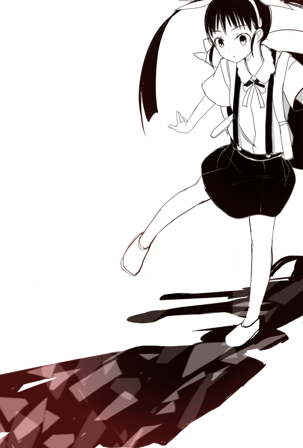 backpack bag bakemonogatari hachikuji_mayoi monochrome monogatari_(series) outstretched_arms solo sorethroat spread_arms suspenders twintails