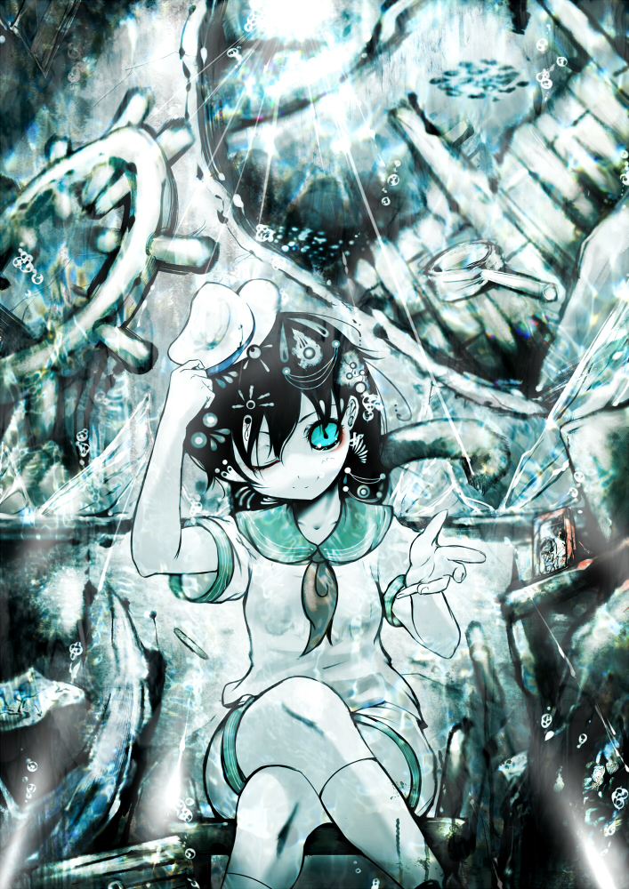 anchor bad_id bad_pixiv_id black_hair blue_eyes bubble crossed_legs hat hishaku koohee murasa_minamitsu one_eye_closed photo_(object) sailor sailor_hat short_hair sitting solo steering_wheel touhou