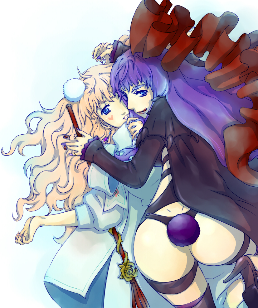 :q ass bad_id bad_pixiv_id blonde_hair blue_eyes bunny_tail coat dual_persona high_heels long_hair lying macross macross_frontier macross_frontier:_itsuwari_no_utahime multiple_girls on_back on_person purple_hair sheryl_nome shoes smile tail tongue tongue_out yomoya
