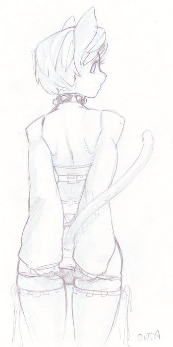 butt butt_cover cat catboy collar crossdressing feline girly hair looking_back male onta short_hair solo stockings wide_hips