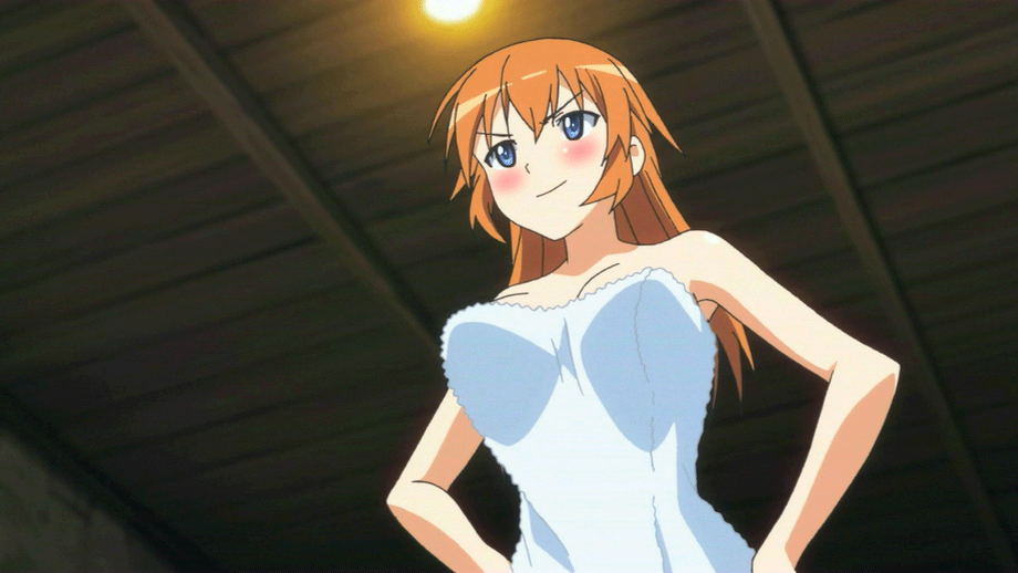 1girl animated animated_gif blush bouncing_breasts breasts censored charlotte_e_yeager cleavage gif hands_on_hips smile solo strike_witches towel