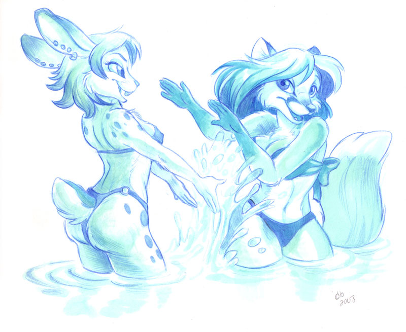 bikini canine couple cute erin_middendorf female fox lagomorph play_fight rabbit sketch skimpy splashing water
